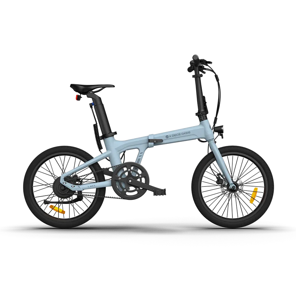 ADO Air20 bleu pastel déplié, vu de profil, courroie carbone et moteur dans le moyeu arrière