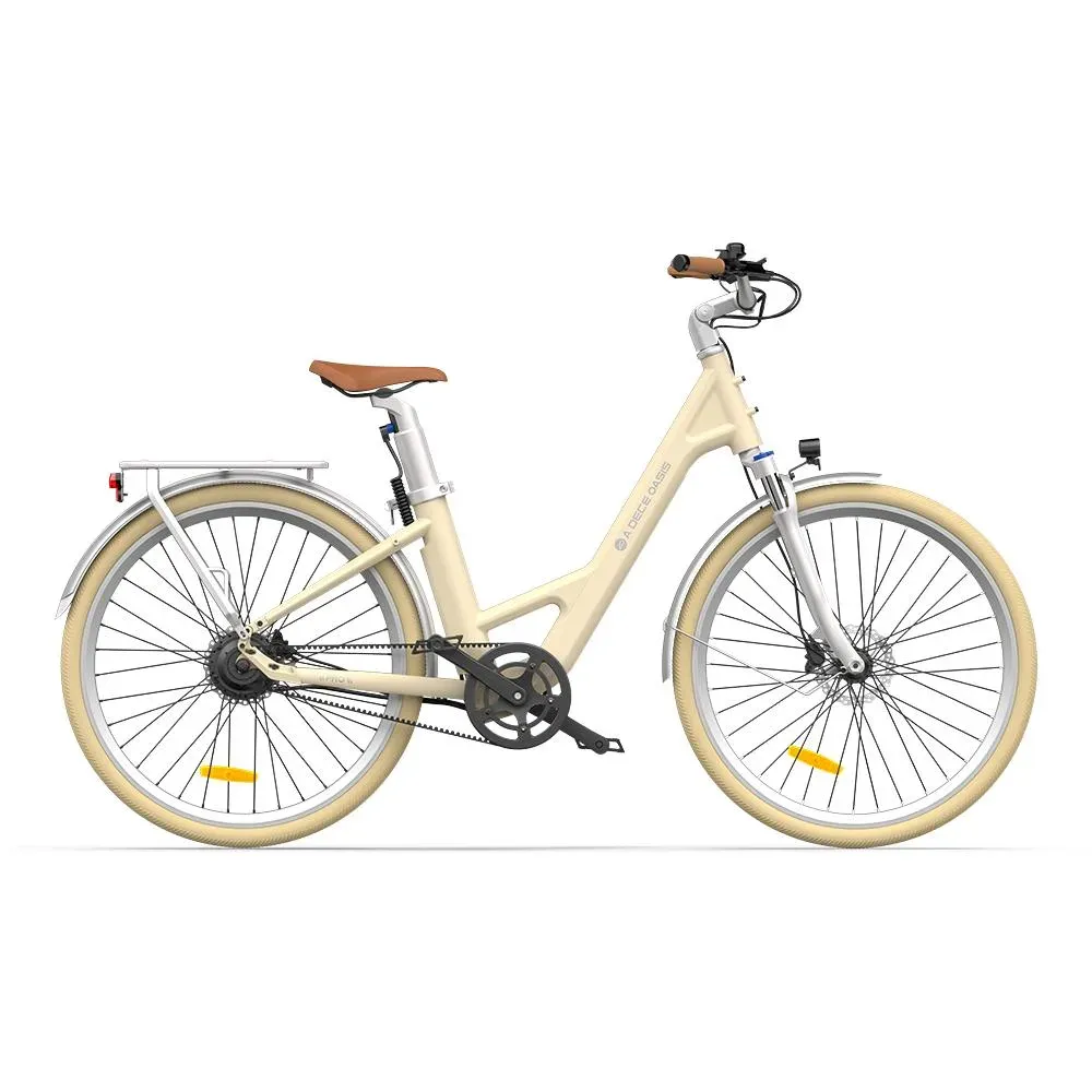 ADO Air28 Pro coloris latte, cadre ouvert, courroie et porte-bagages, vu de profil