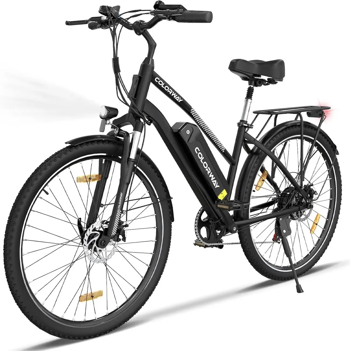 Vélo électrique de ville Colorway 28 pouces noir, cadre en acier et batterie sur le tube
