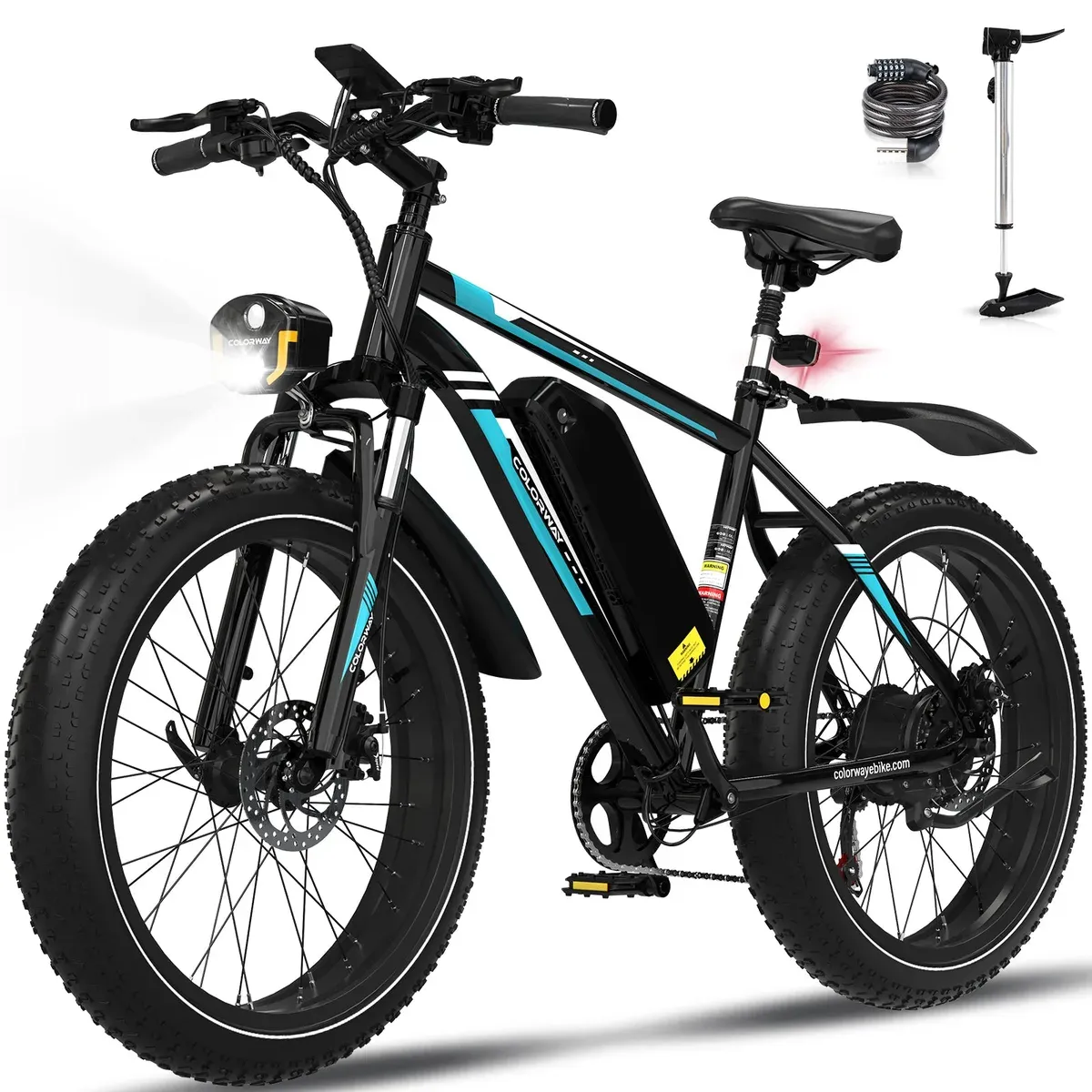 Le Colorway VTT, fat bike noir à pneus de 4 pouces, batterie sur le tube diagonal