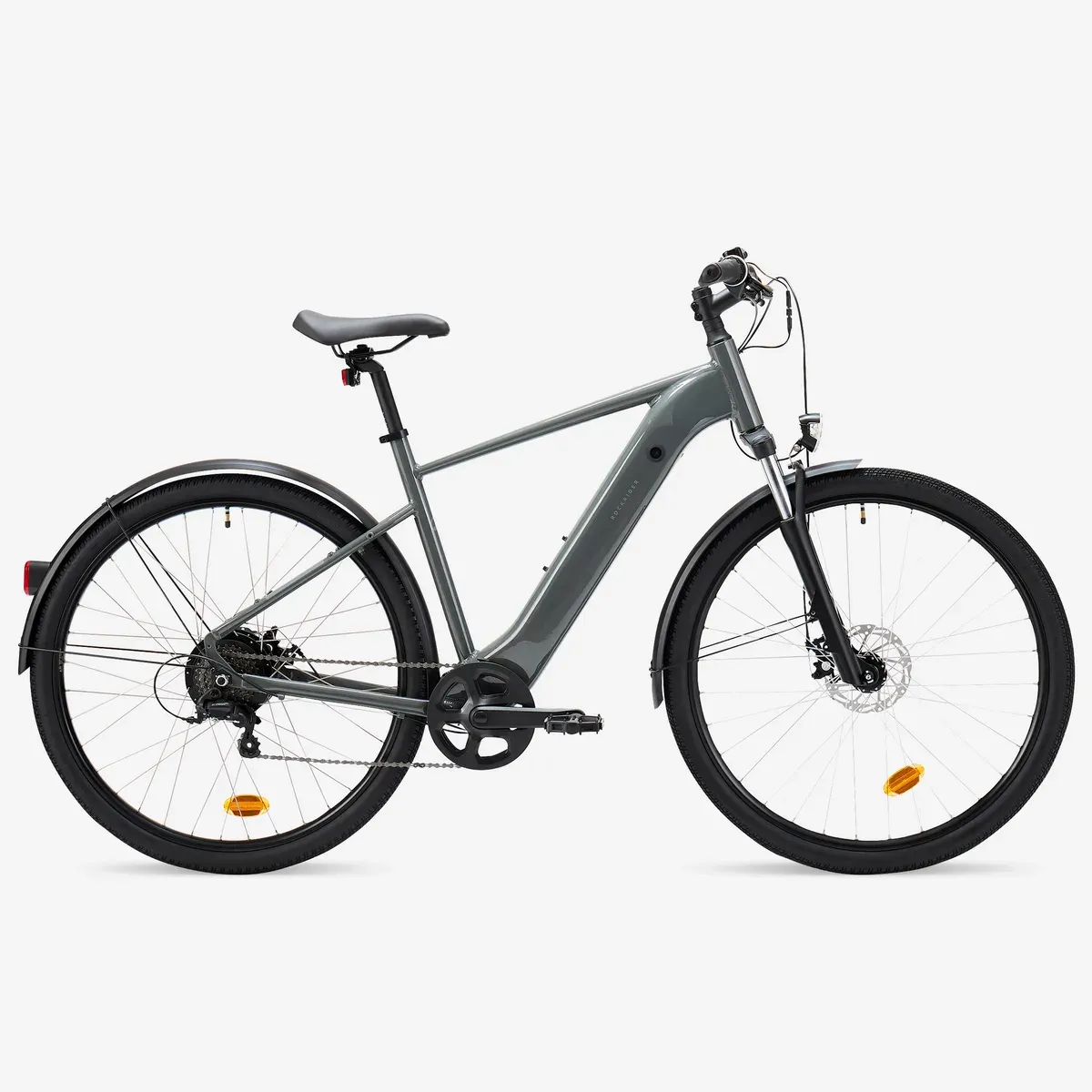 Vélo tout chemin électrique Decathlon E-ACTV 100 cadre haut gris anthracite, vu de profil