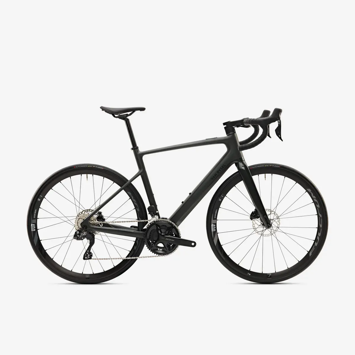 Vélo de route électrique Van Rysel E-EDR CF vert kaki, cadre carbone et transmission Shimano 105 Di2, vu de profil