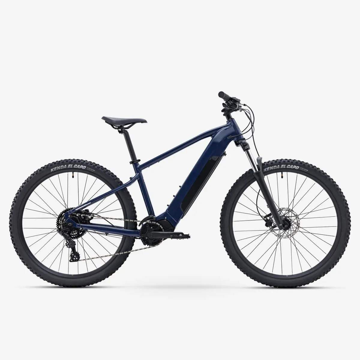 VTT électrique semi-rigide Decathlon E-EXPL 140 bleu marine, vu de profil, pneus Kenda El Capo