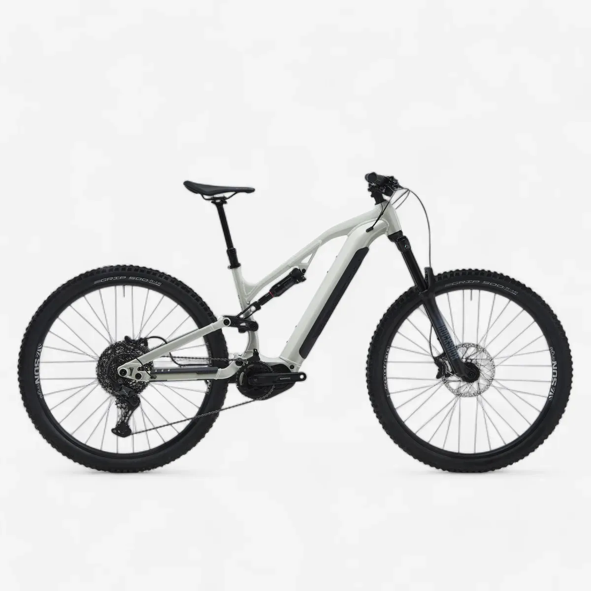 VTT électrique tout suspendu Decathlon E-Feel 700 S blanc, vu de profil