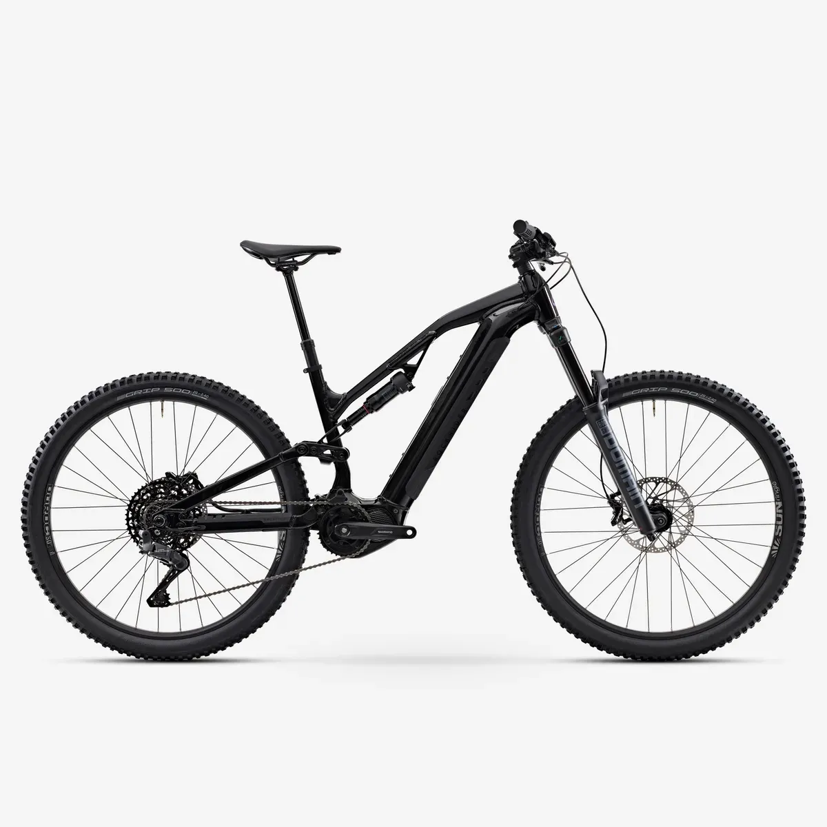 VTT électrique tout suspendu Decathlon Rockrider E-Feel 900 S noir, vu de profil