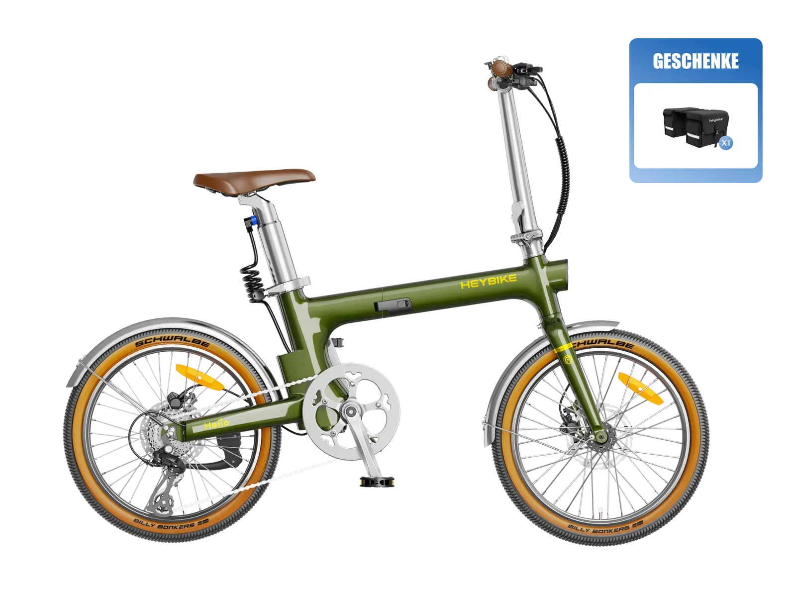 Heybike Helio F rouge bordeaux déplié, vu de profil, pneus Schwalbe à flancs orange