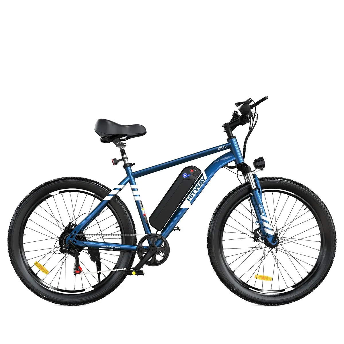 Le Hitway BK15 bleu, VTT électrique à pneus de 3 pouces, batterie noire sur le tube diagonal