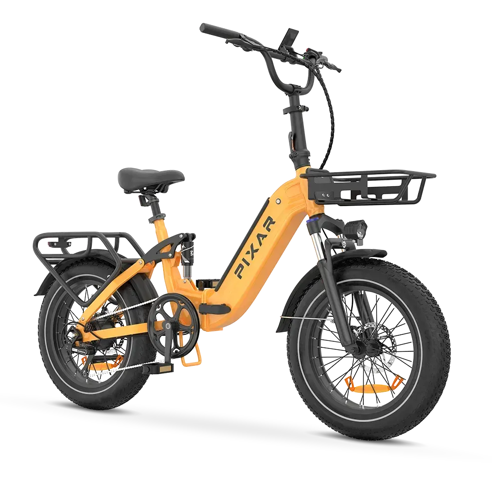 PIXAR Forge orange à cadre bas, pneus de 20 × 4 pouces, amortisseur arrière sous la selle et porte-bagages
