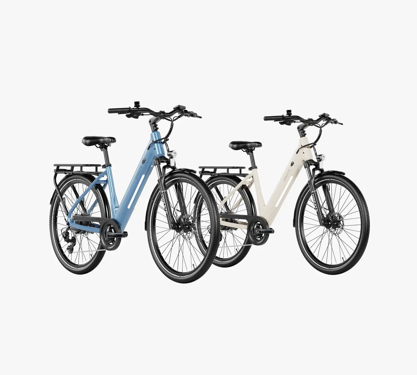 Vélo électrique Qreate City Air noir à cadre bas, vu de profil avec son porte-bagages et sa fourche suspendue